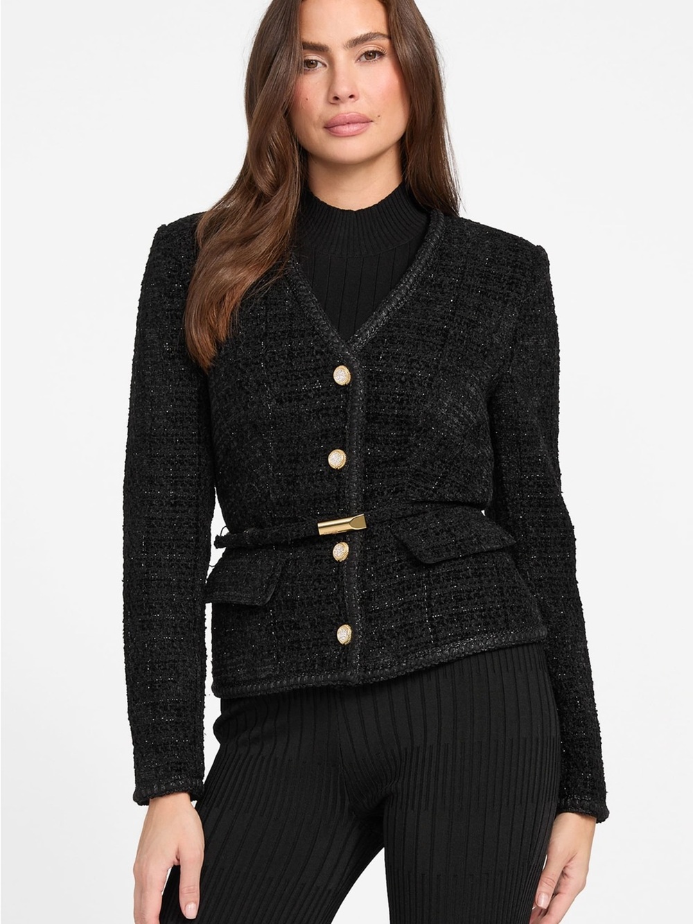 Black Tweed Belted Jacket - Women Marciano Guess
